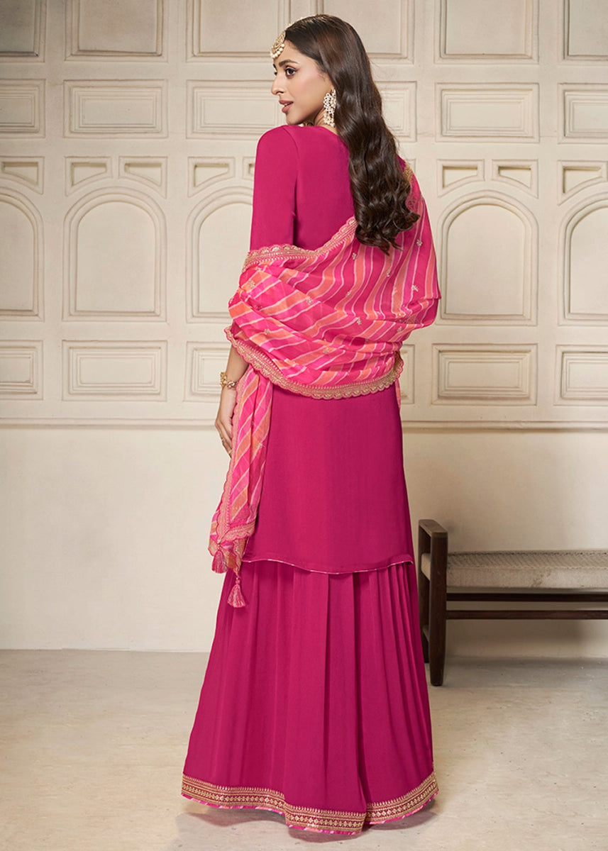 Magenta Pink Chinon Silk Sharara Suit with Intricate Butti and Sequins Detailing - House of Sarvati LLC