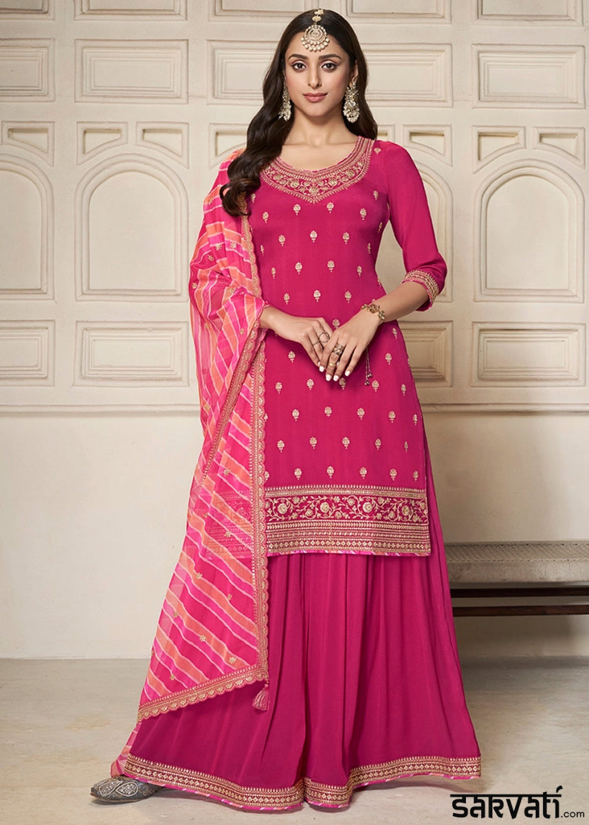 Magenta Pink Chinon Silk Sharara Suit with Intricate Butti and Sequins Detailing - House of Sarvati LLC