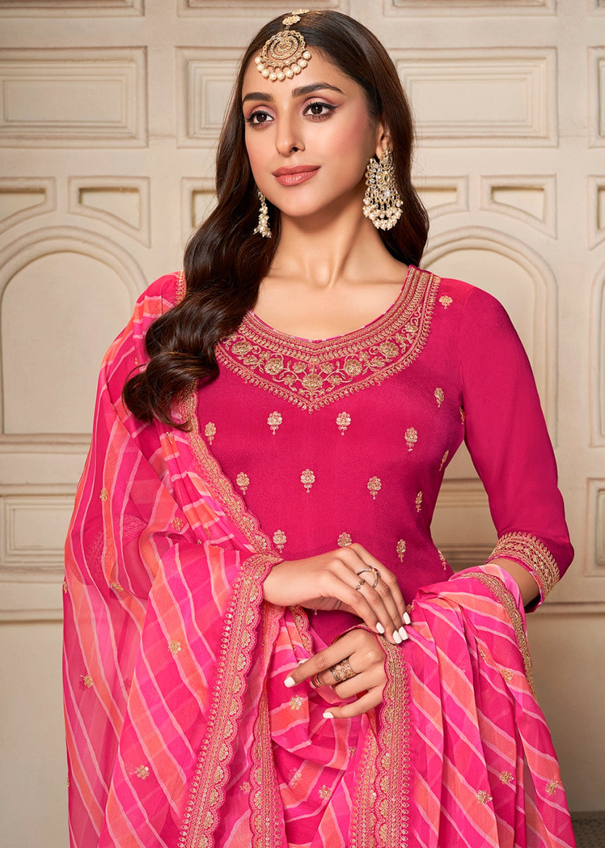 Magenta Pink Chinon Silk Sharara Suit with Intricate Butti and Sequins Detailing - House of Sarvati LLC