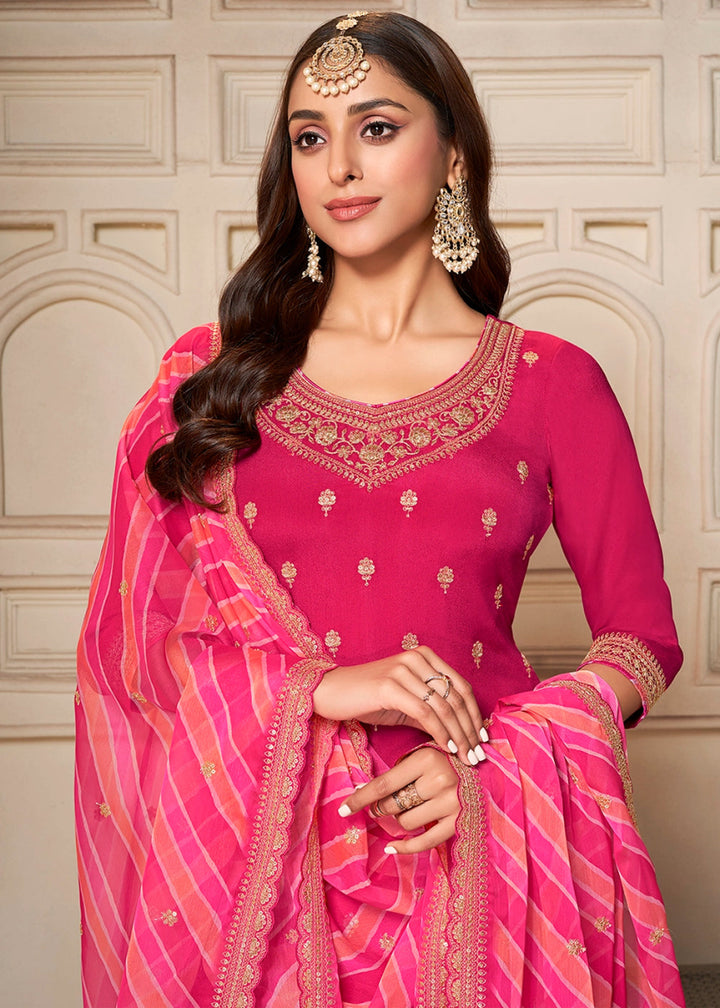 Magenta Pink Chinon Silk Sharara Suit with Intricate Butti and Sequins Detailing - House of Sarvati LLC