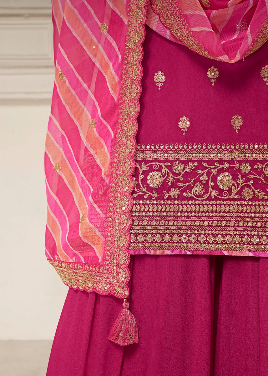 Magenta Pink Chinon Silk Sharara Suit with Intricate Butti and Sequins Detailing - House of Sarvati LLC