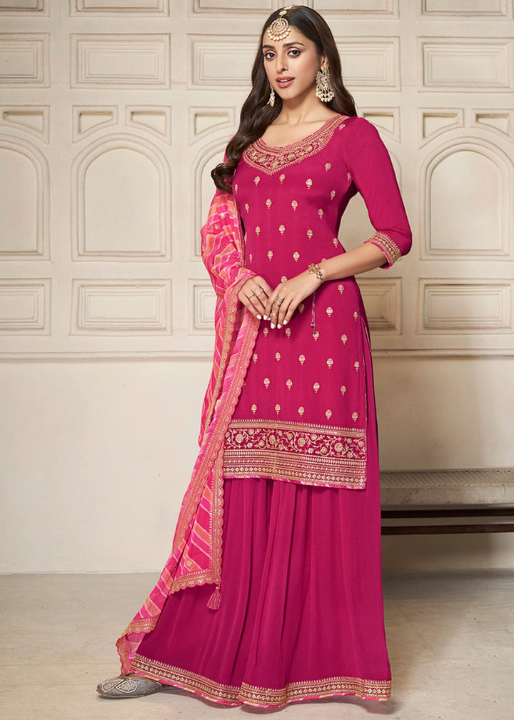Magenta Pink Chinon Silk Sharara Suit with Intricate Butti and Sequins Detailing - House of Sarvati LLC
