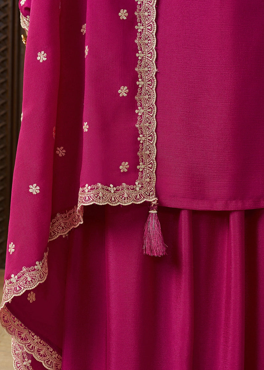 Magenta Pink Chinon Silk Sharara Suit with Intricate White Thread & Sequin Embroidery - House of Sarvati LLC