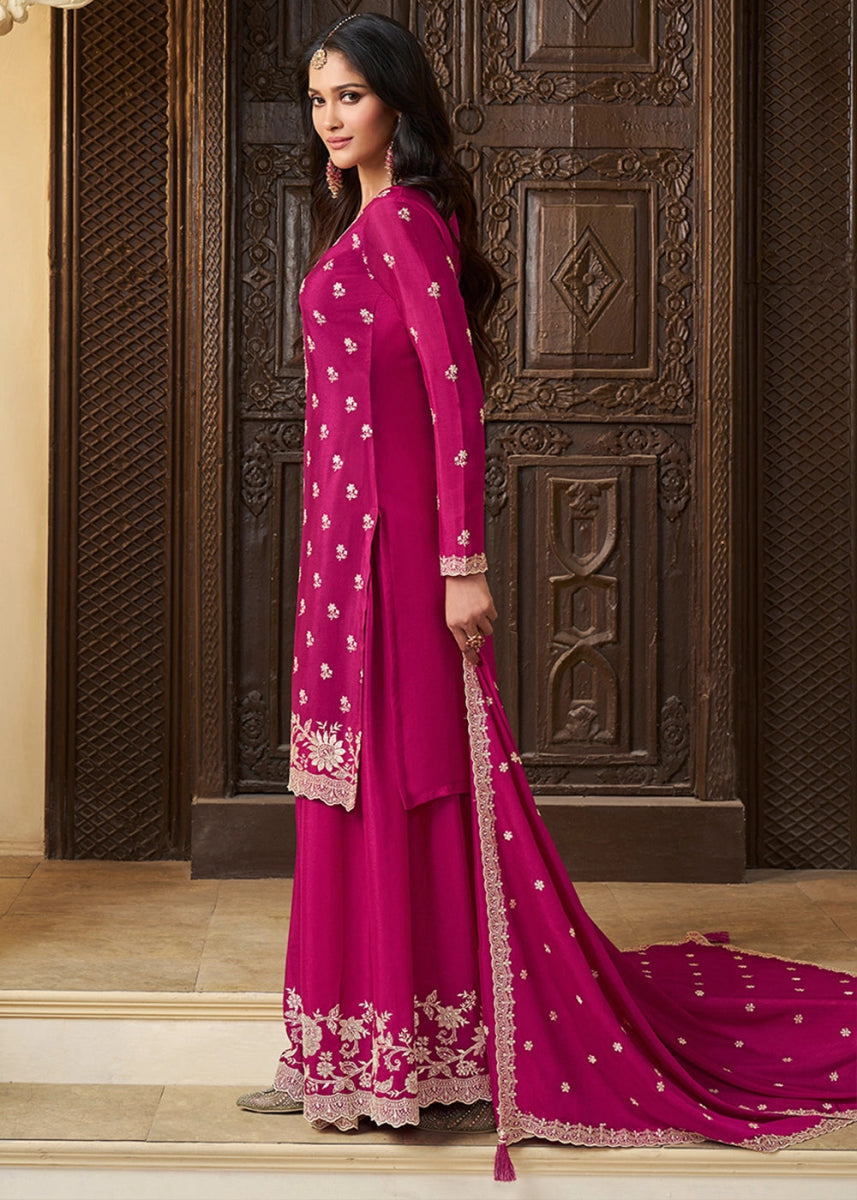 Magenta Pink Chinon Silk Sharara Suit with Intricate White Thread & Sequin Embroidery - House of Sarvati LLC