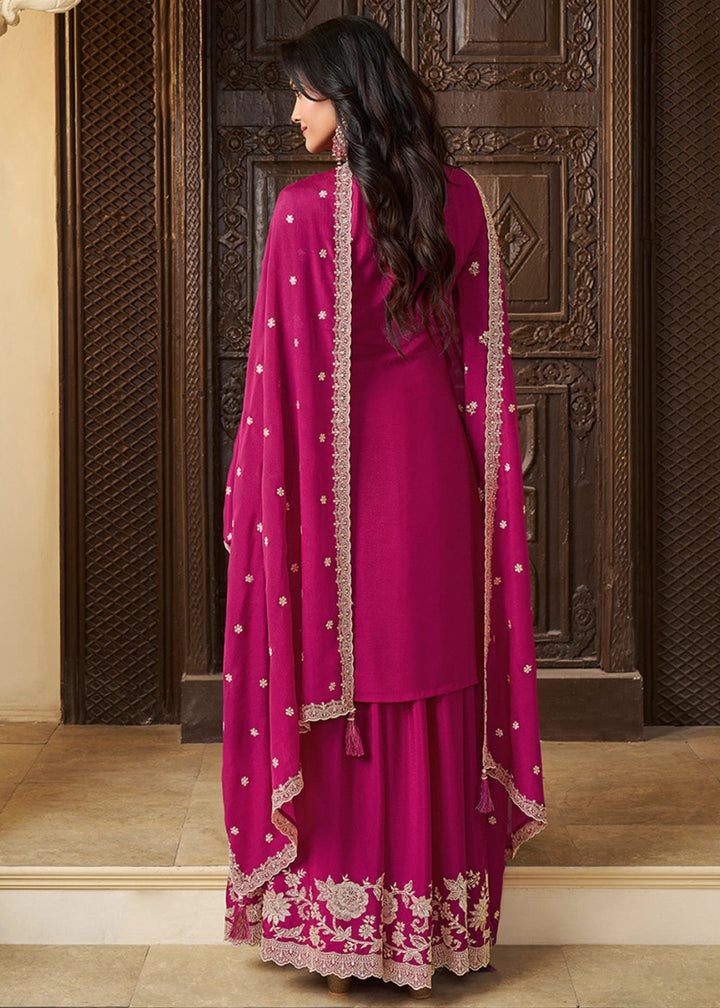 Magenta Pink Chinon Silk Sharara Suit with Intricate White Thread & Sequin Embroidery - House of Sarvati LLC