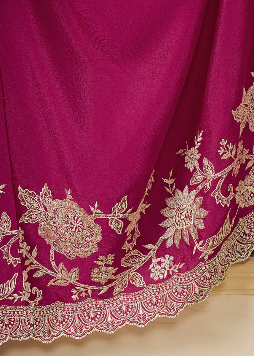 Magenta Pink Chinon Silk Sharara Suit with Intricate White Thread & Sequin Embroidery - House of Sarvati LLC