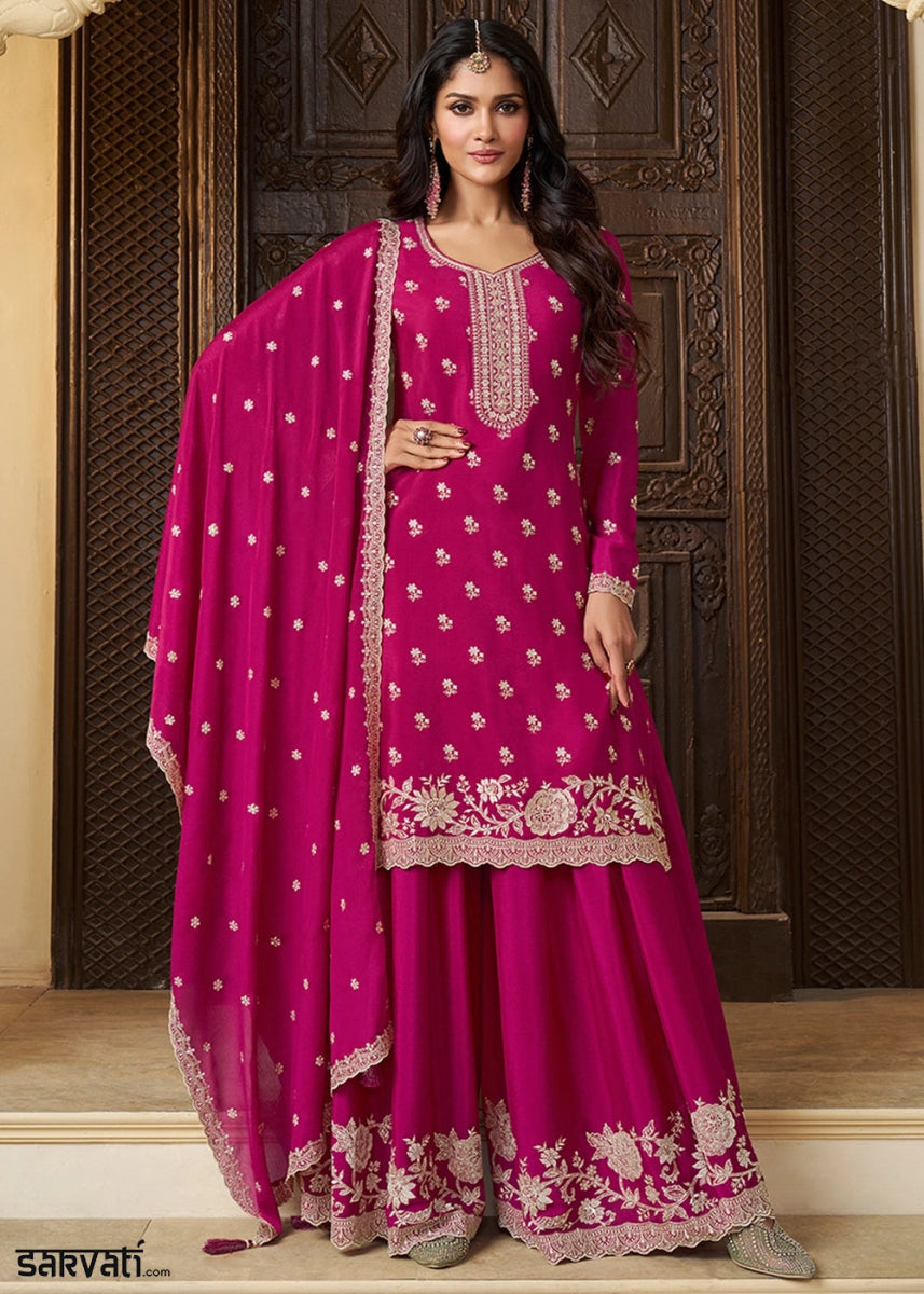 Magenta Pink Chinon Silk Sharara Suit with Intricate White Thread & Sequin Embroidery - House of Sarvati LLC