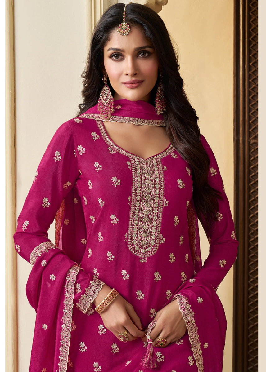 Magenta Pink Chinon Silk Sharara Suit with Intricate White Thread & Sequin Embroidery - House of Sarvati LLC
