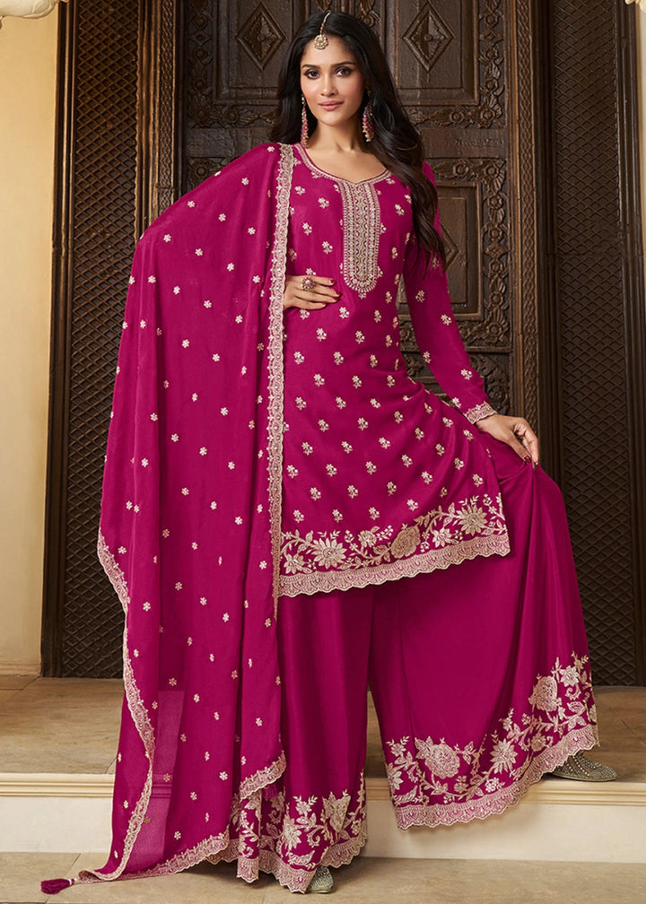 Magenta Pink Chinon Silk Sharara Suit with Intricate White Thread & Sequin Embroidery - House of Sarvati LLC