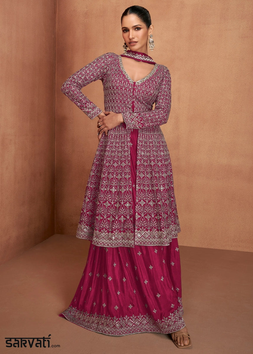 Magenta Pink Chinon Silk Skirt Suit with Front Slit & Embroidery - House of Sarvati LLC