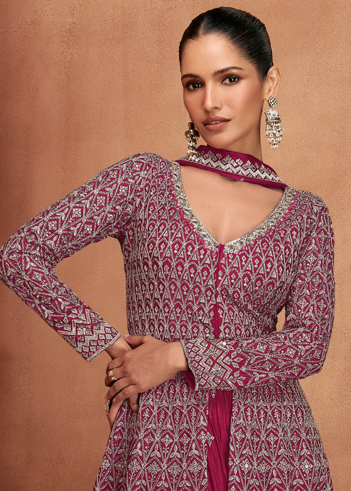 Magenta Pink Chinon Silk Skirt Suit with Front Slit & Embroidery - House of Sarvati LLC