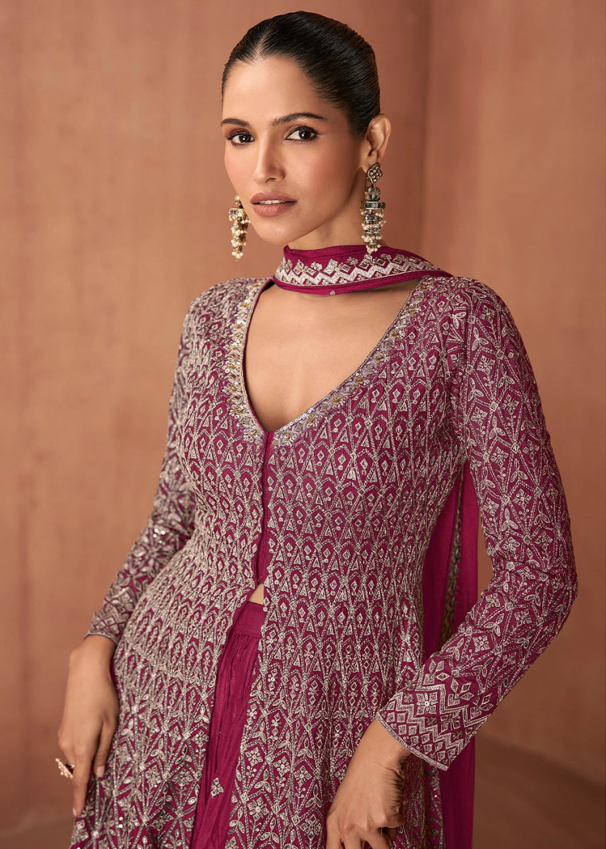 Magenta Pink Chinon Silk Skirt Suit with Front Slit & Embroidery - House of Sarvati LLC