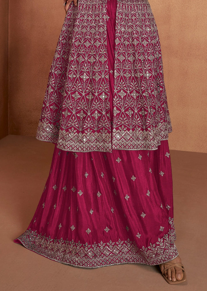 Magenta Pink Chinon Silk Skirt Suit with Front Slit & Embroidery - House of Sarvati LLC