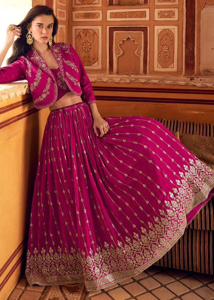 Magenta Pink Chinon Silk Top & Skirt Set with Elegant Embroidered Jacket - House of Sarvati LLC
