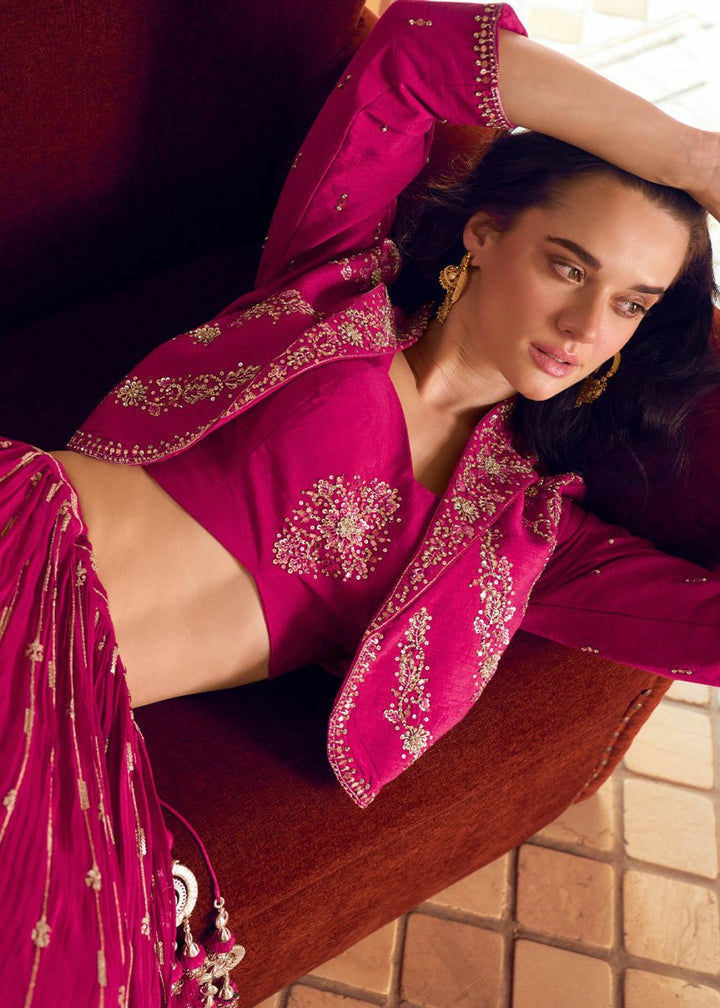 Magenta Pink Chinon Silk Top & Skirt Set with Elegant Embroidered Jacket - House of Sarvati LLC