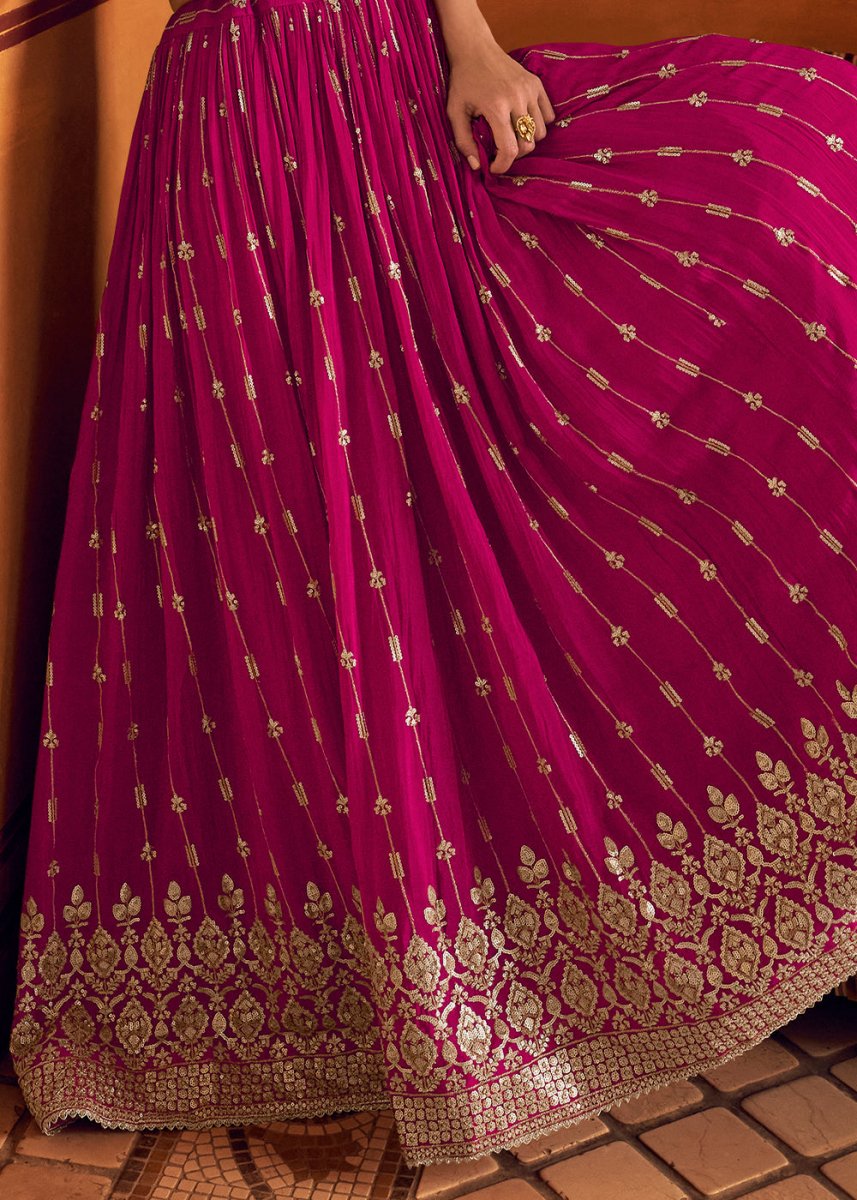 Magenta Pink Chinon Silk Top & Skirt Set with Elegant Embroidered Jacket - House of Sarvati LLC