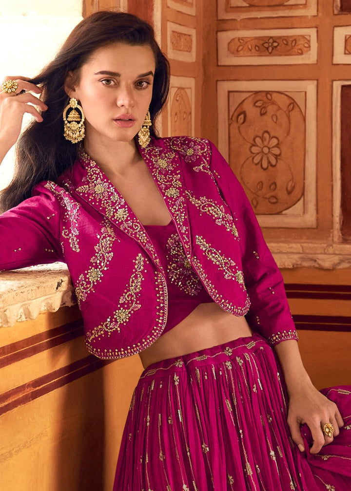 Magenta Pink Chinon Silk Top & Skirt Set with Elegant Embroidered Jacket - House of Sarvati LLC