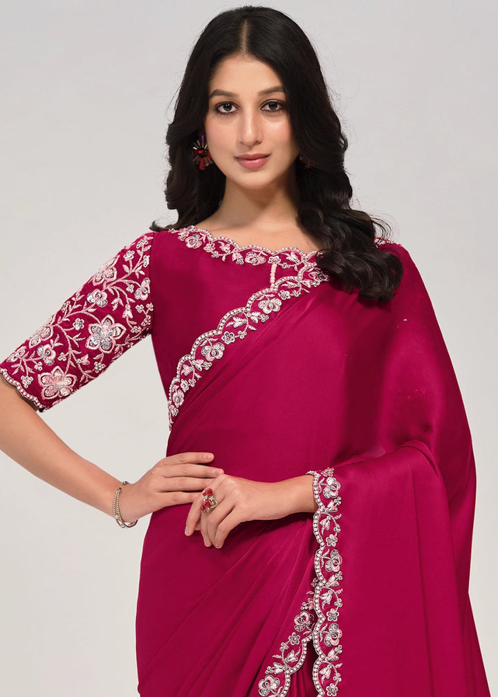 Magenta Pink Crepe Satin Silk Saree with Intricate Sequin & Moti Embroidery - House of Sarvati LLC