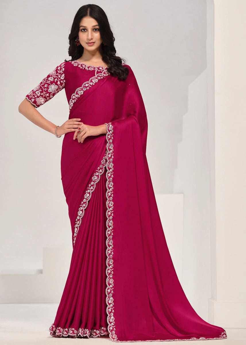 Magenta Pink Crepe Satin Silk Saree with Intricate Sequin & Moti Embroidery - House of Sarvati LLC