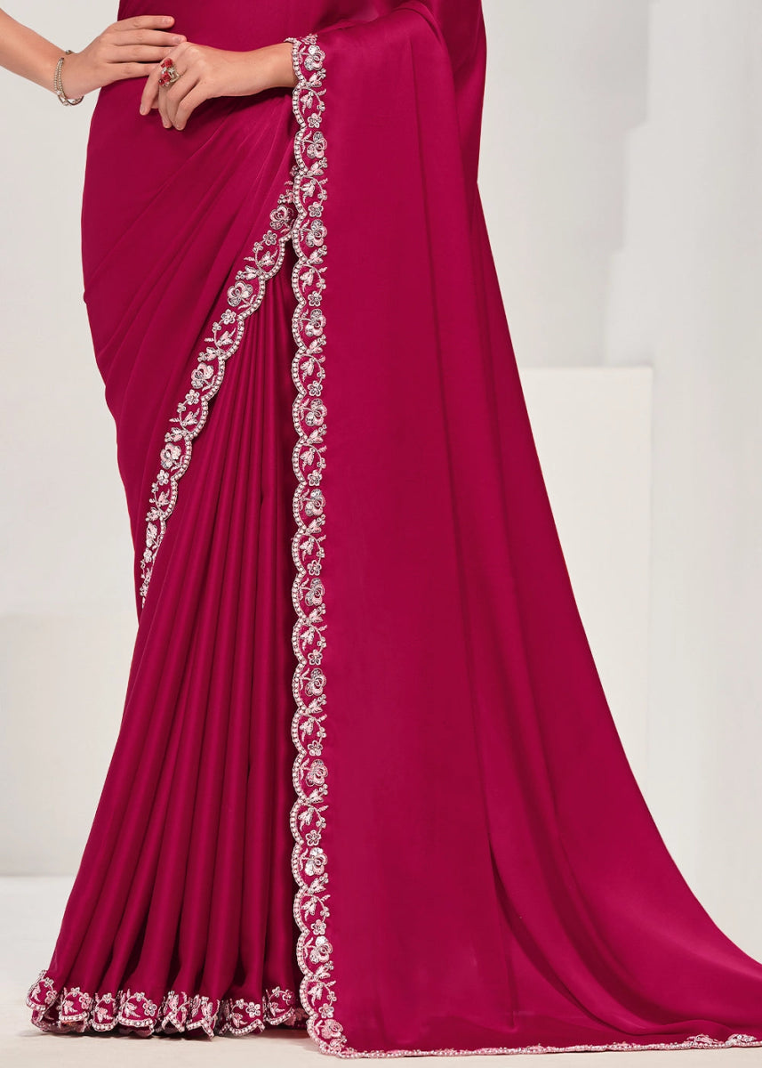 Magenta Pink Crepe Satin Silk Saree with Intricate Sequin & Moti Embroidery - House of Sarvati LLC
