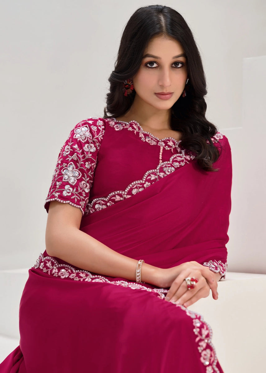 Magenta Pink Crepe Satin Silk Saree with Intricate Sequin & Moti Embroidery - House of Sarvati LLC