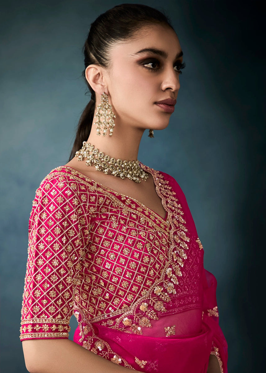 Magenta Pink Designer Saree in Tissue Fabric with Hand Embroidery - House of Sarvati LLC