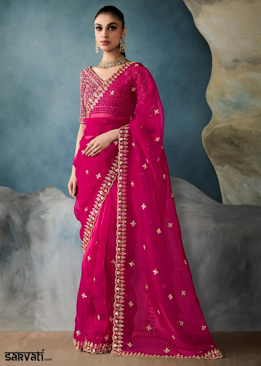Magenta Pink Designer Saree in Tissue Fabric with Hand Embroidery - House of Sarvati LLC