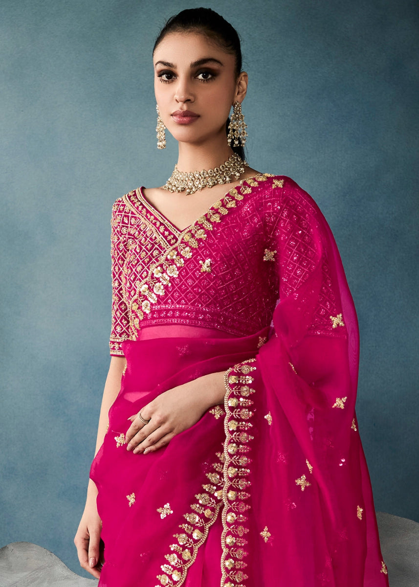 Magenta Pink Designer Saree in Tissue Fabric with Hand Embroidery - House of Sarvati LLC
