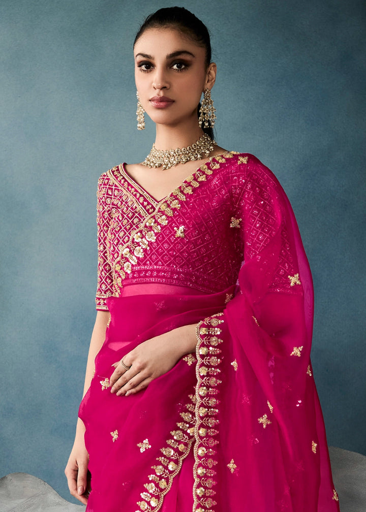 Magenta Pink Designer Saree in Tissue Fabric with Hand Embroidery - House of Sarvati LLC