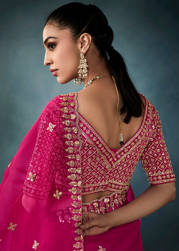 Magenta Pink Designer Saree in Tissue Fabric with Hand Embroidery - House of Sarvati LLC