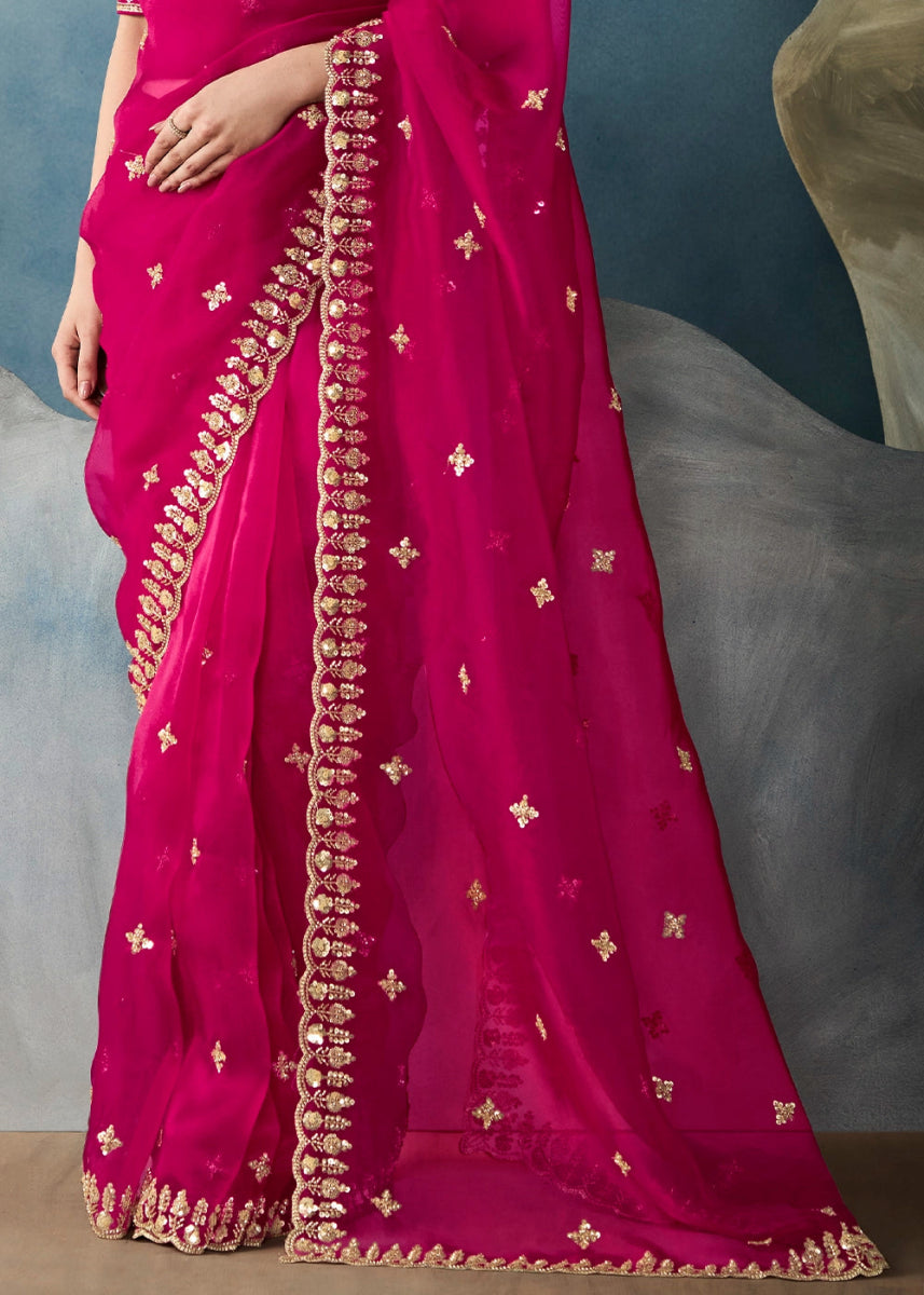 Magenta Pink Designer Saree in Tissue Fabric with Hand Embroidery - House of Sarvati LLC