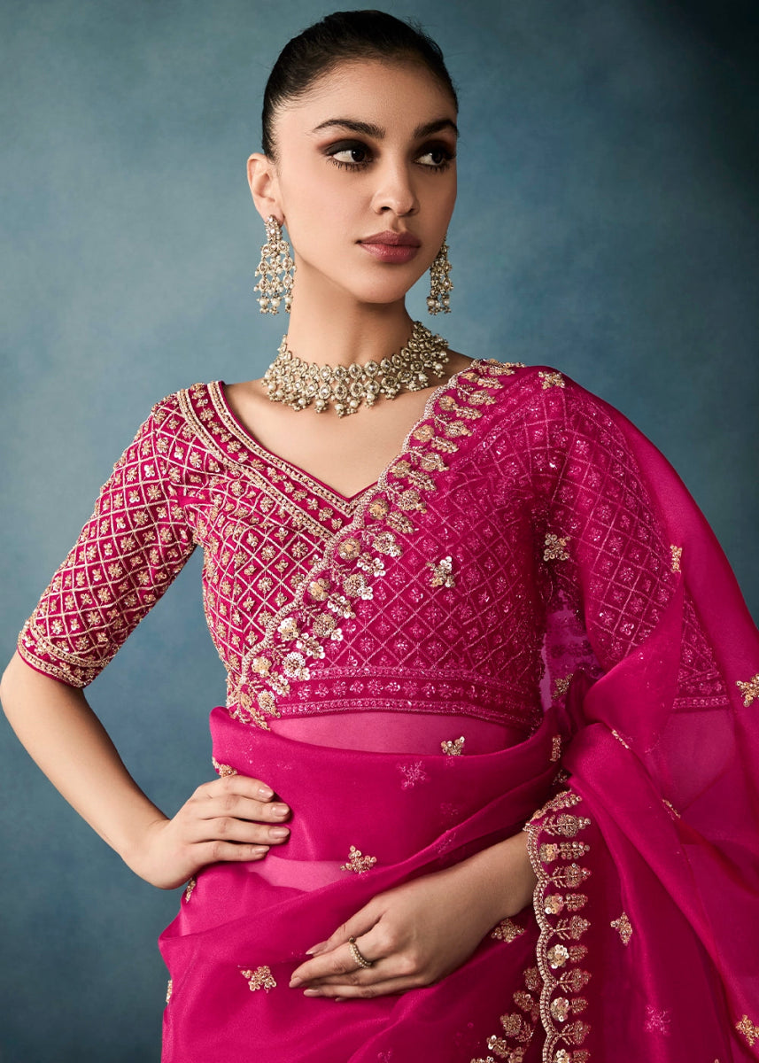 Magenta Pink Designer Saree in Tissue Fabric with Hand Embroidery - House of Sarvati LLC