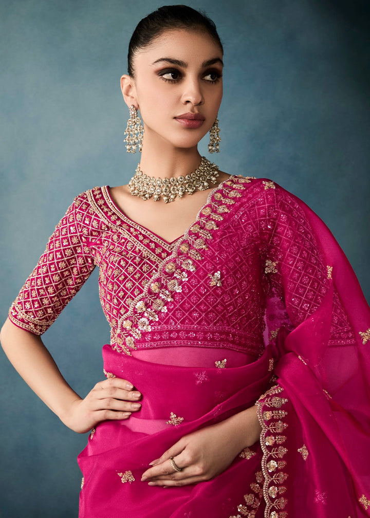 Magenta Pink Designer Saree in Tissue Fabric with Hand Embroidery - House of Sarvati LLC