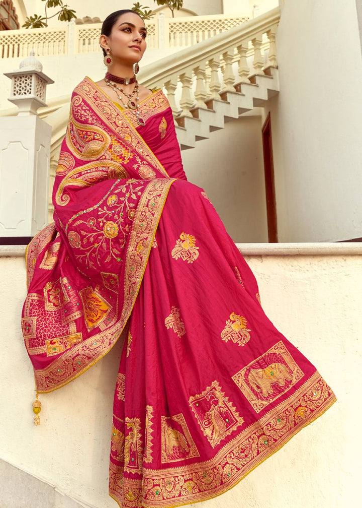 Magenta Pink Dola Silk Saree Featuring Zari Weave And Intricate Handwork With Cut Dana - House of Sarvati LLC