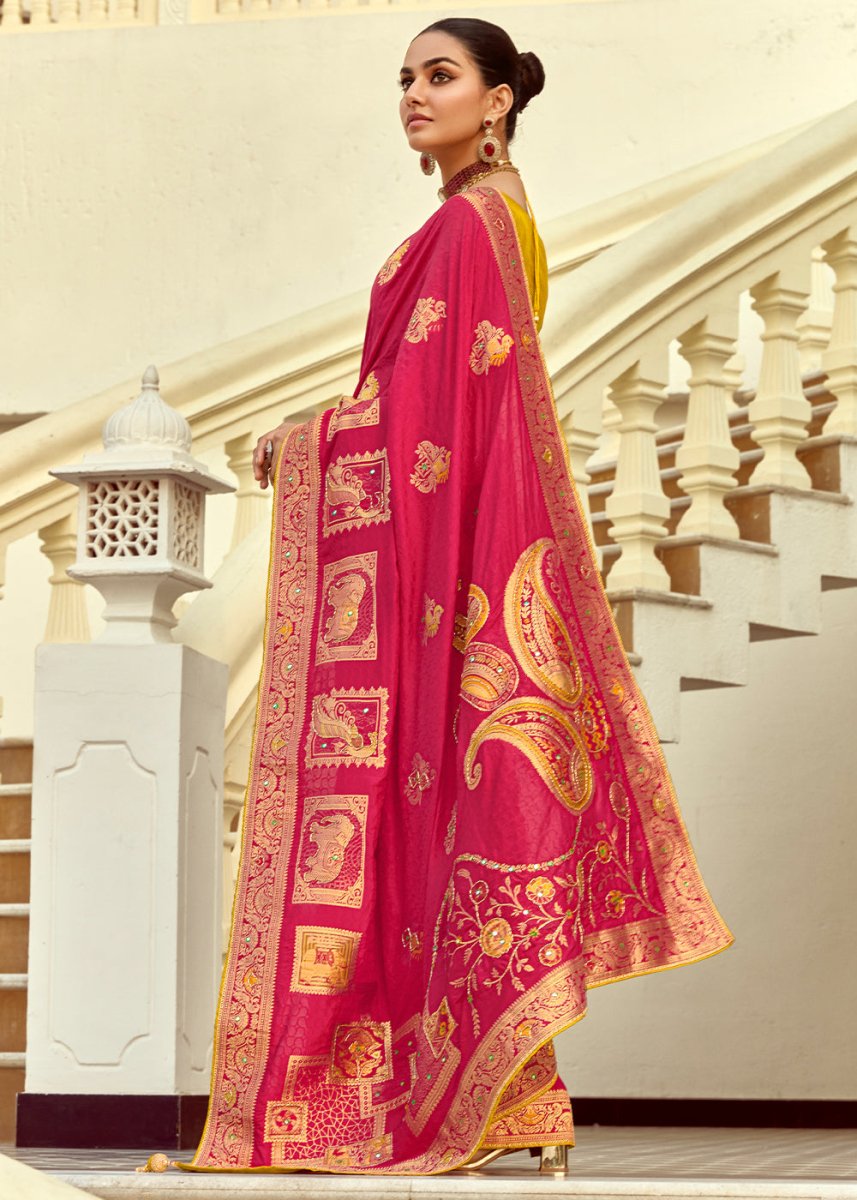 Magenta Pink Dola Silk Saree Featuring Zari Weave And Intricate Handwork With Cut Dana - House of Sarvati LLC