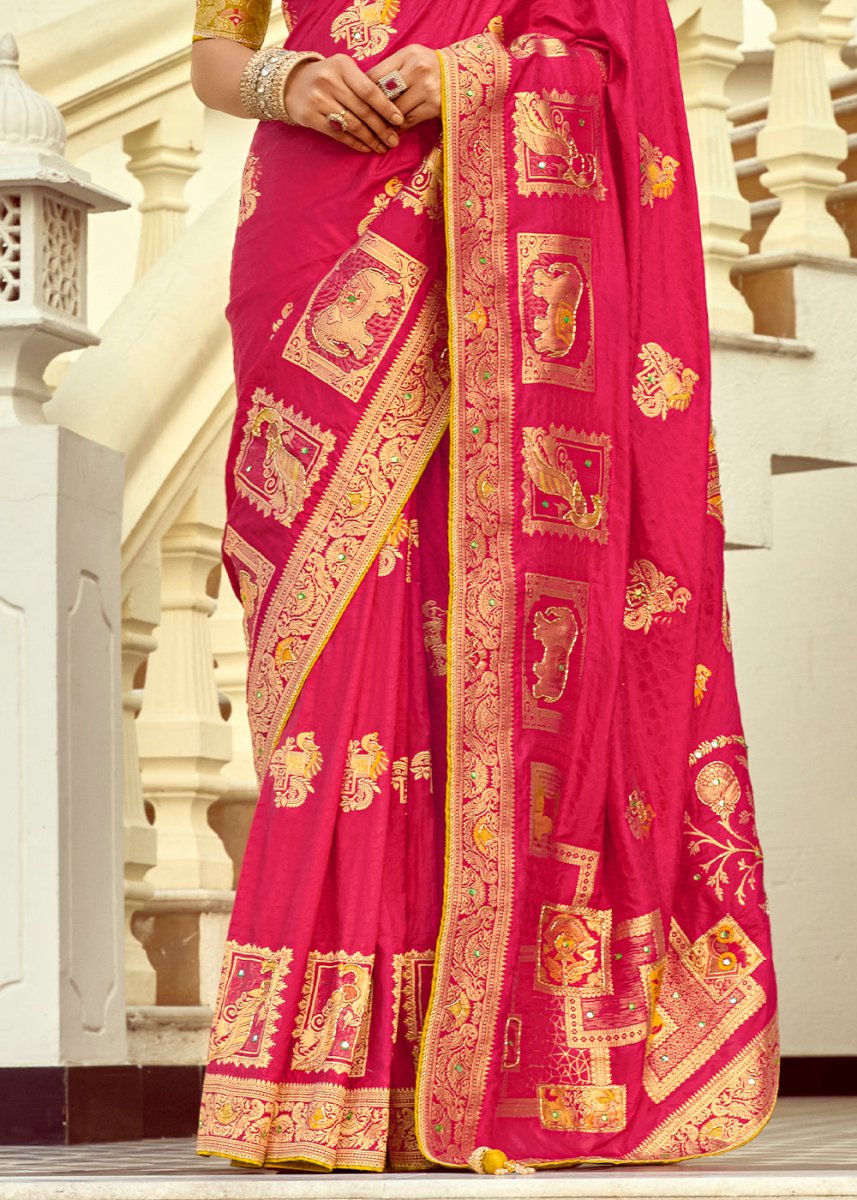 Magenta Pink Dola Silk Saree Featuring Zari Weave And Intricate Handwork With Cut Dana - House of Sarvati LLC