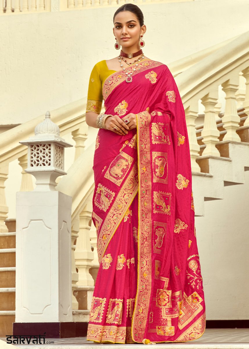 Magenta Pink Dola Silk Saree Featuring Zari Weave And Intricate Handwork With Cut Dana - House of Sarvati LLC