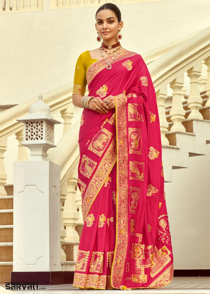 Magenta Pink Dola Silk Saree Featuring Zari Weave And Intricate Handwork With Cut Dana - House of Sarvati LLC