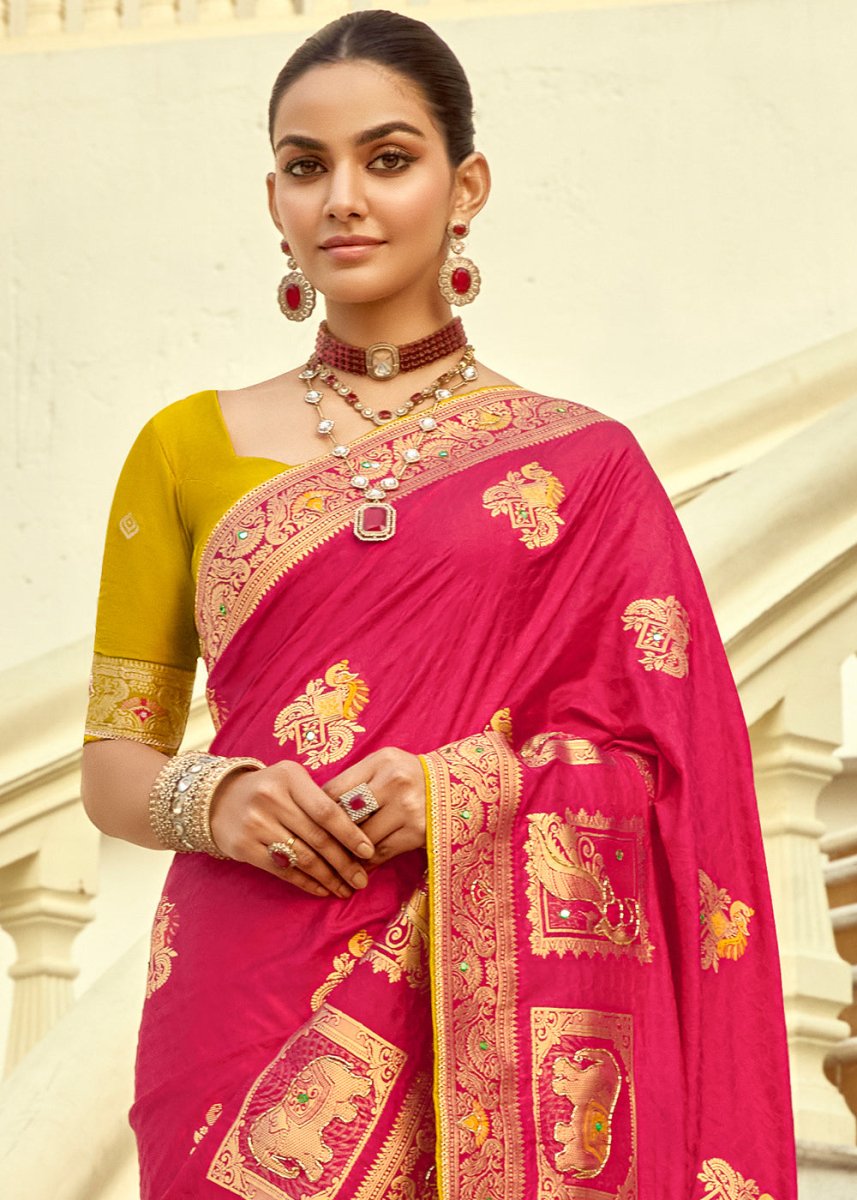 Magenta Pink Dola Silk Saree Featuring Zari Weave And Intricate Handwork With Cut Dana - House of Sarvati LLC