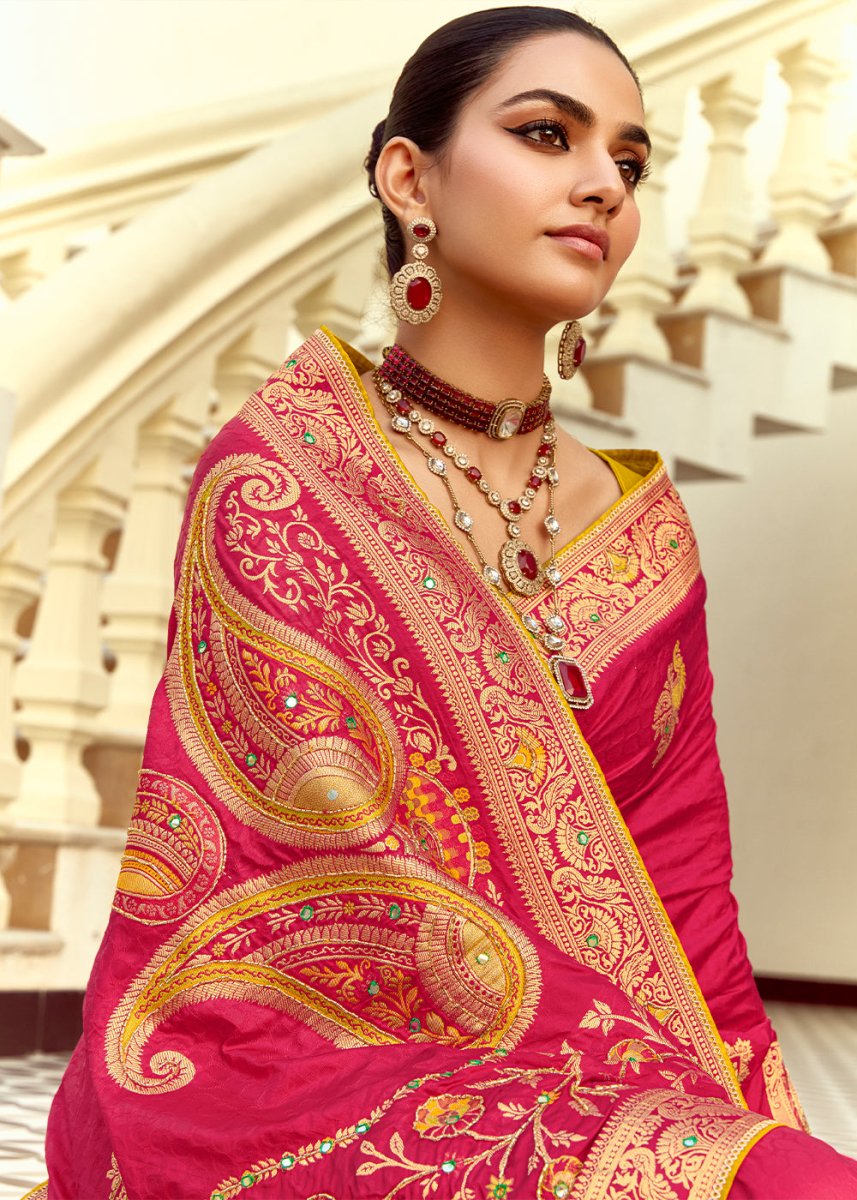 Magenta Pink Dola Silk Saree Featuring Zari Weave And Intricate Handwork With Cut Dana - House of Sarvati LLC