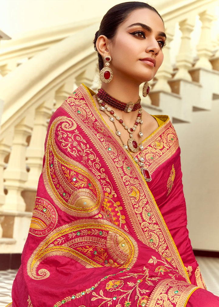 Magenta Pink Dola Silk Saree Featuring Zari Weave And Intricate Handwork With Cut Dana - House of Sarvati LLC