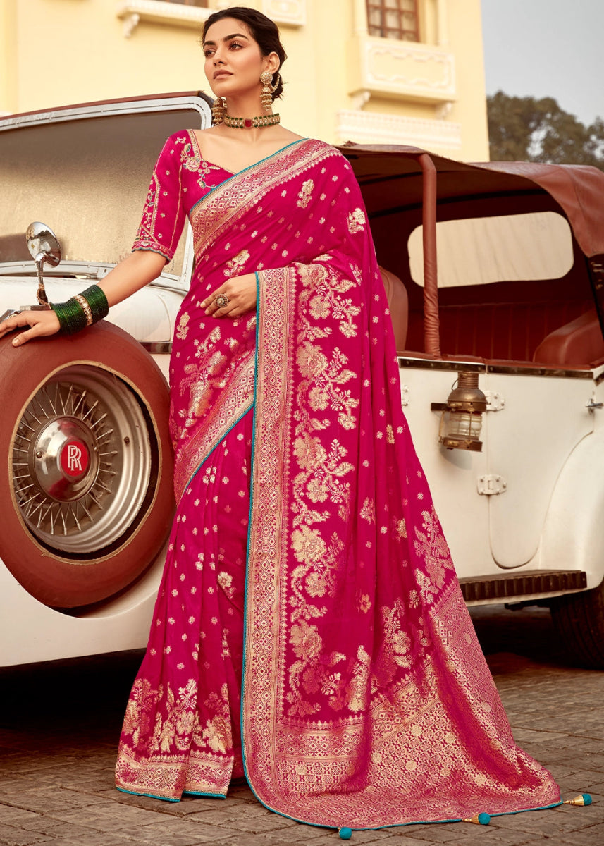 Magenta Pink Dola Silk Saree with Intricate Weaving & Embroidered Blouse - House of Sarvati LLC