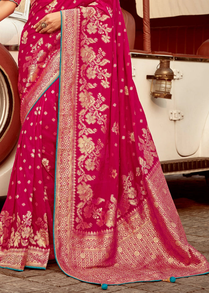 Magenta Pink Dola Silk Saree with Intricate Weaving & Embroidered Blouse - House of Sarvati LLC