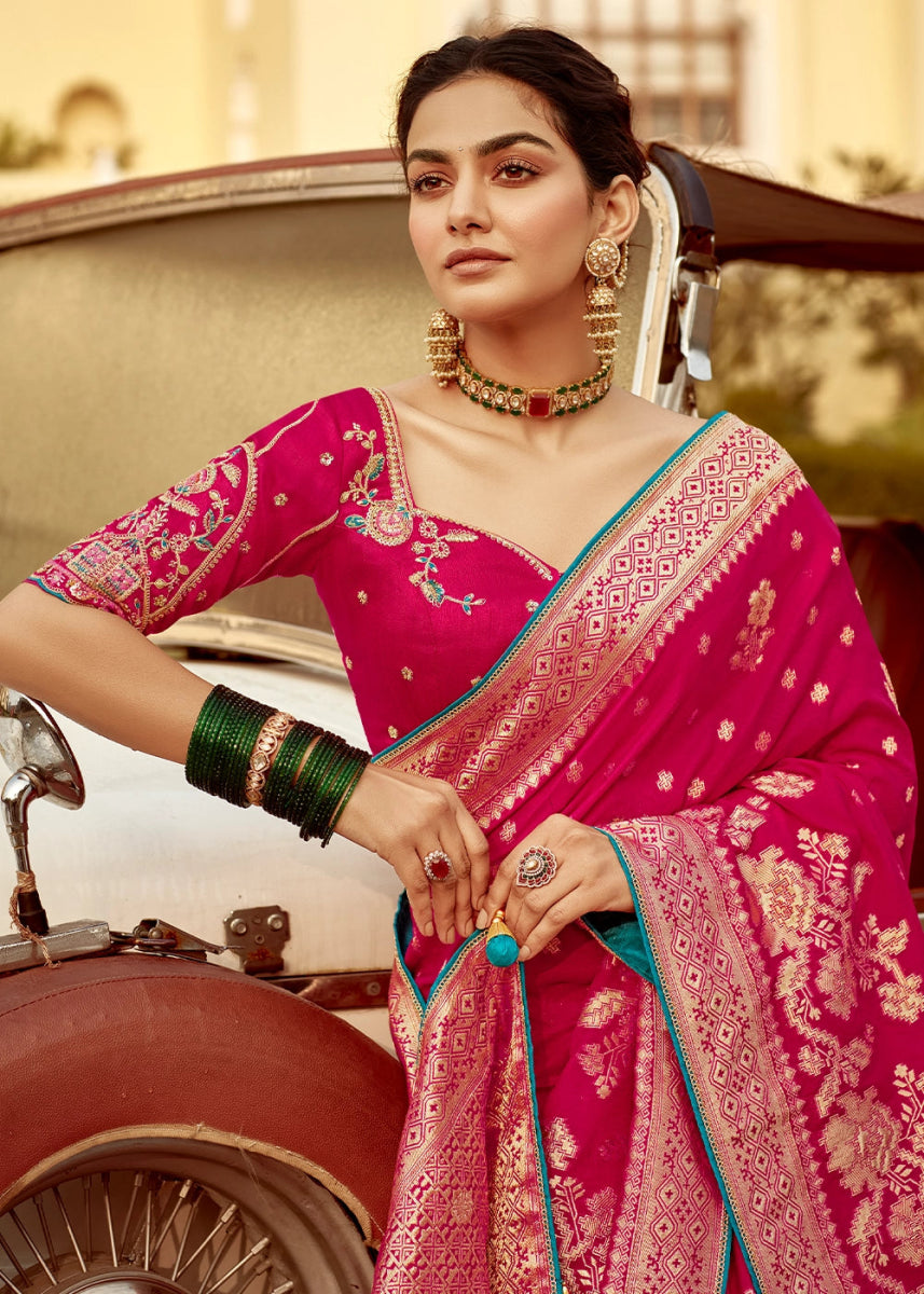 Magenta Pink Dola Silk Saree with Intricate Weaving & Embroidered Blouse - House of Sarvati LLC