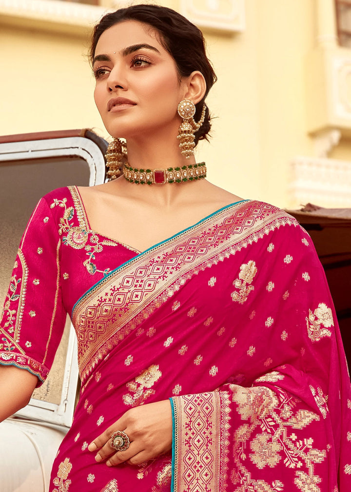 Magenta Pink Dola Silk Saree with Intricate Weaving & Embroidered Blouse - House of Sarvati LLC