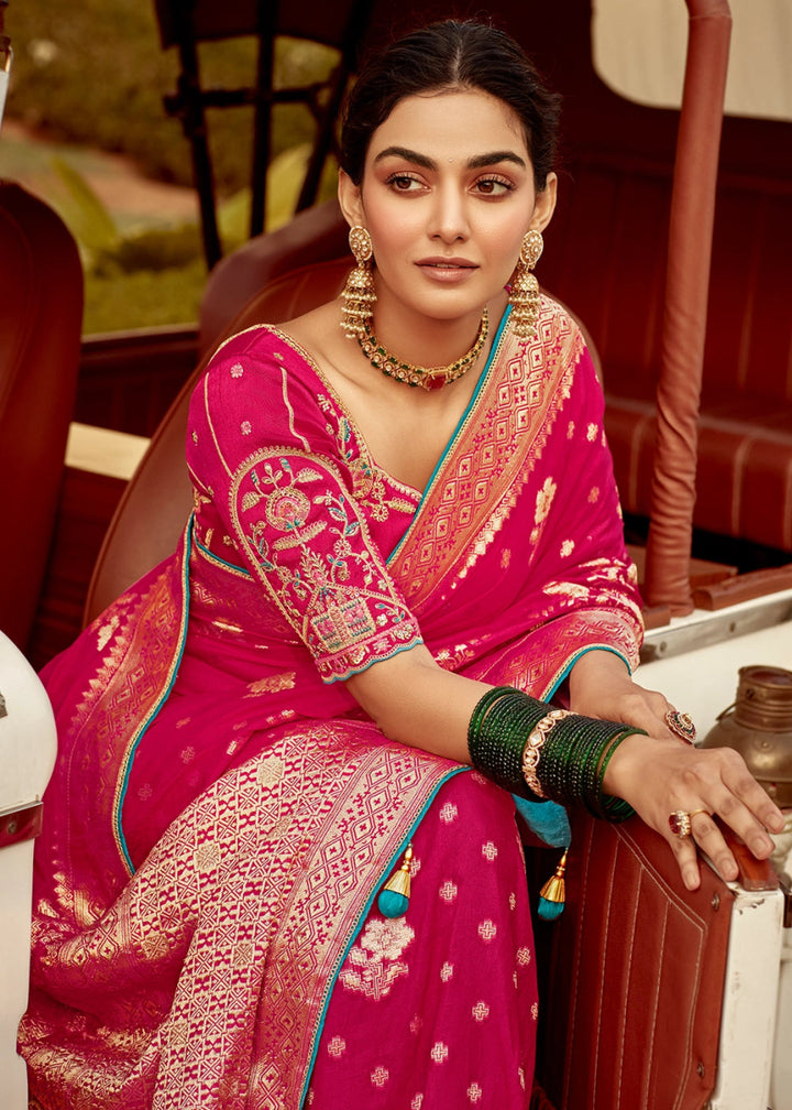 Magenta Pink Dola Silk Saree with Intricate Weaving & Embroidered Blouse - House of Sarvati LLC
