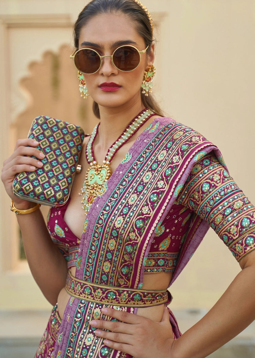 Magenta Pink Embellished Rajwadi Silk Lehenga Choli with Aari Mirror Work - House of Sarvati LLC
