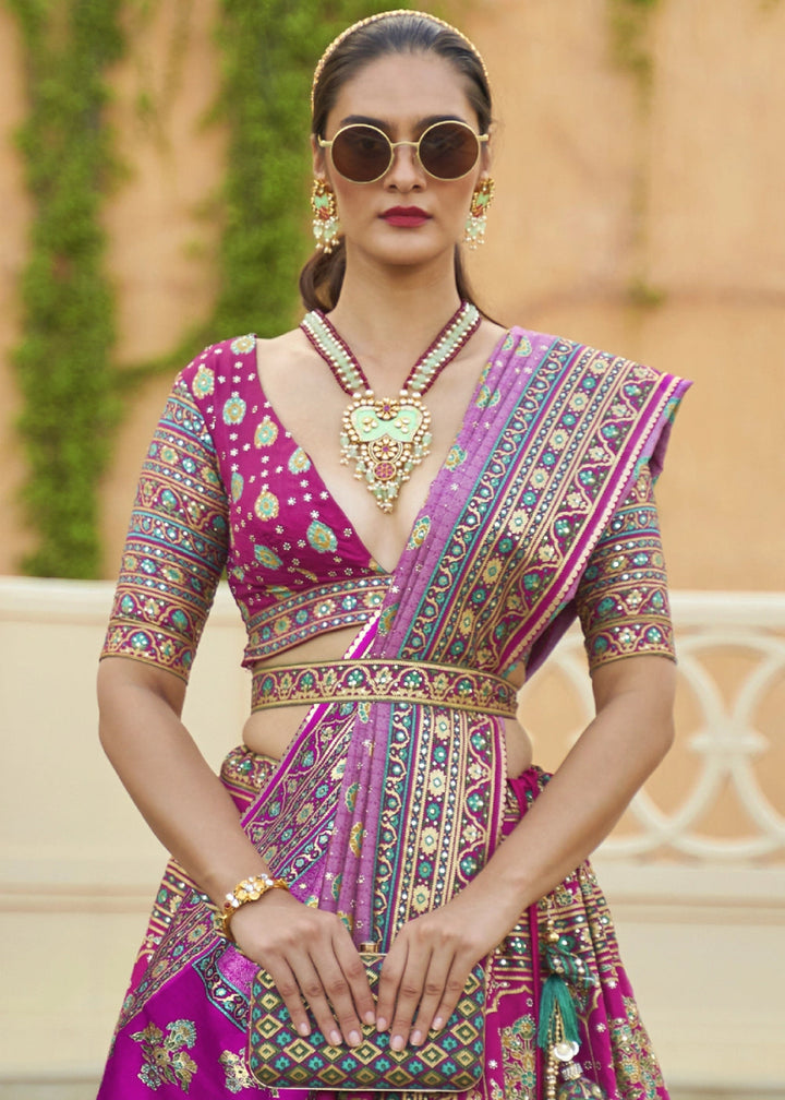 Magenta Pink Embellished Rajwadi Silk Lehenga Choli with Aari Mirror Work - House of Sarvati LLC