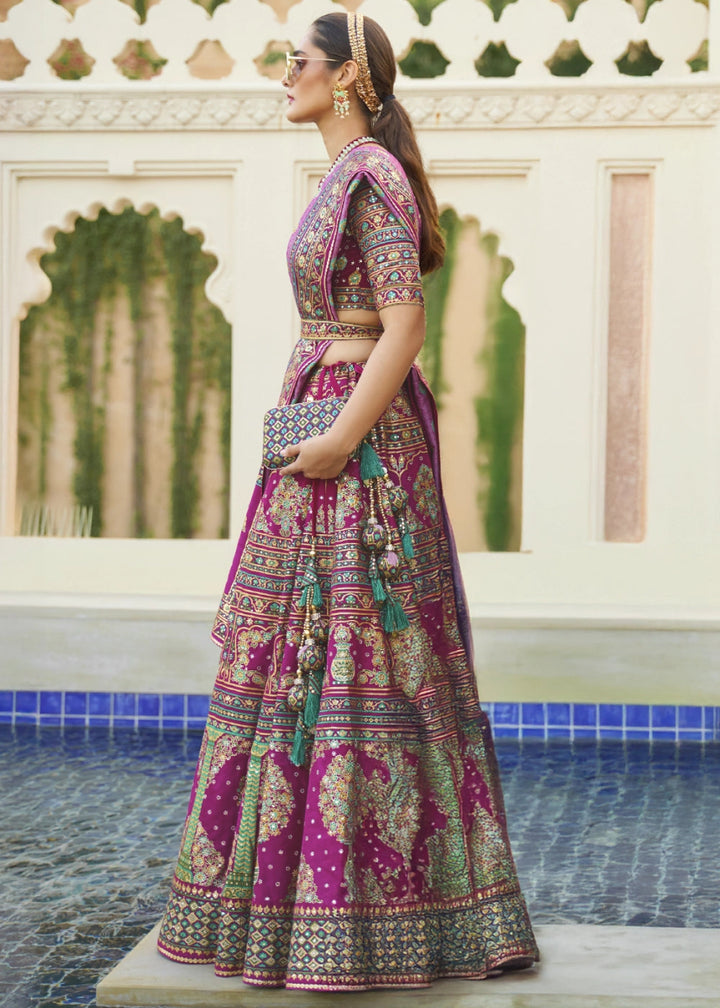 Magenta Pink Embellished Rajwadi Silk Lehenga Choli with Aari Mirror Work - House of Sarvati LLC