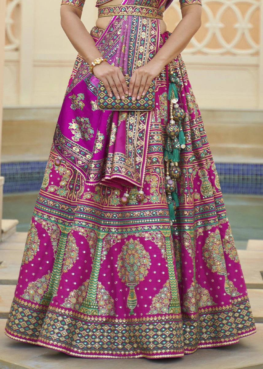 Magenta Pink Embellished Rajwadi Silk Lehenga Choli with Aari Mirror Work - House of Sarvati LLC